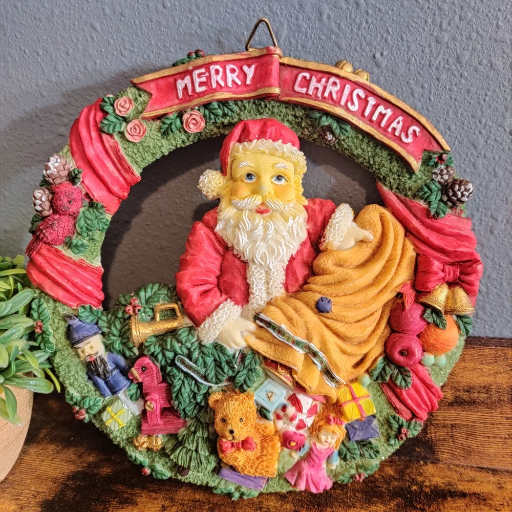 Santa Wreath Plaque Painted Vintage Wall Christmas Decor Holiday Toys Merry